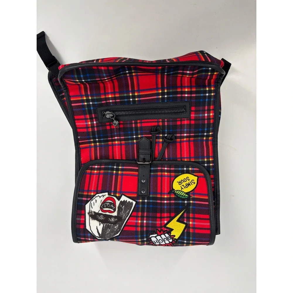 Disney Backpack Unisex OS Red‎ Cruella de Vil Tartan Plaid Punk Patch Rucksack